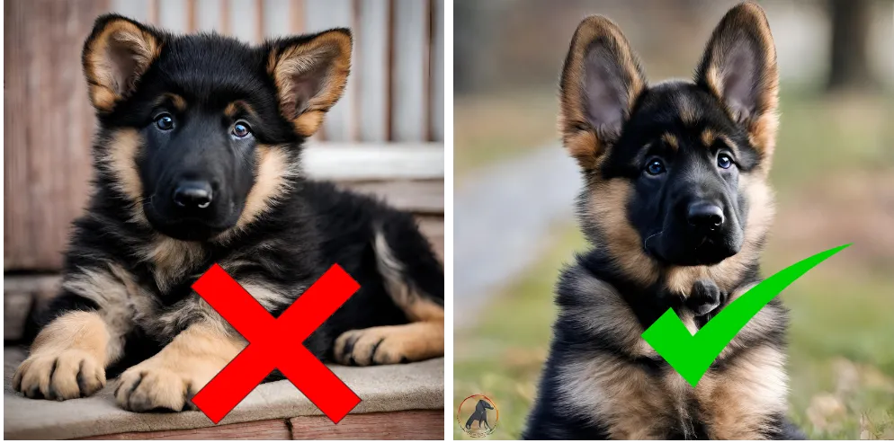 Difference between the ears of real german shepherd puppy and fake german shepherd puppy.