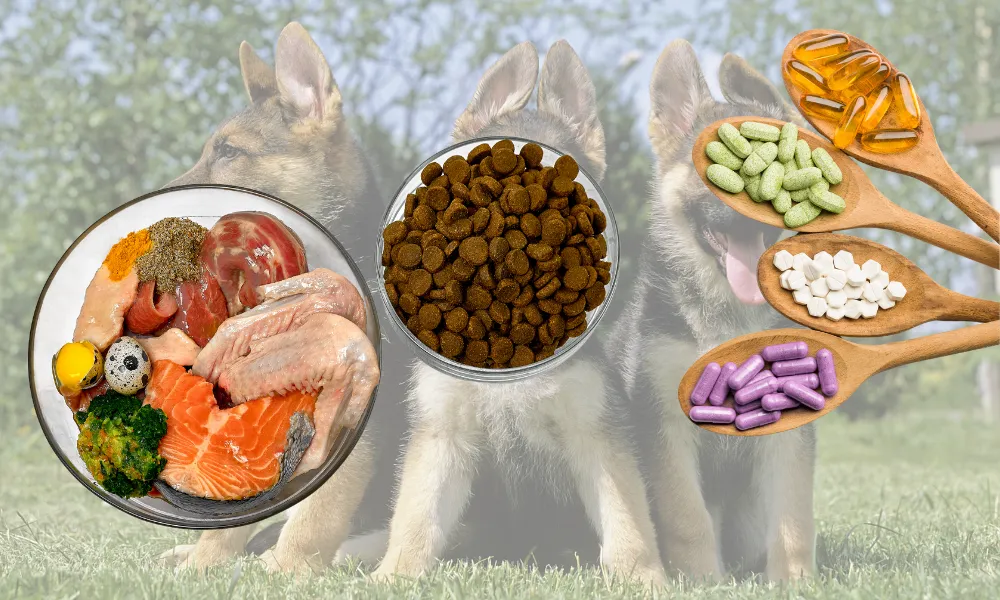 For  6 to 12-month old puppies provide homemade dog food, dry dog food, and supplements.