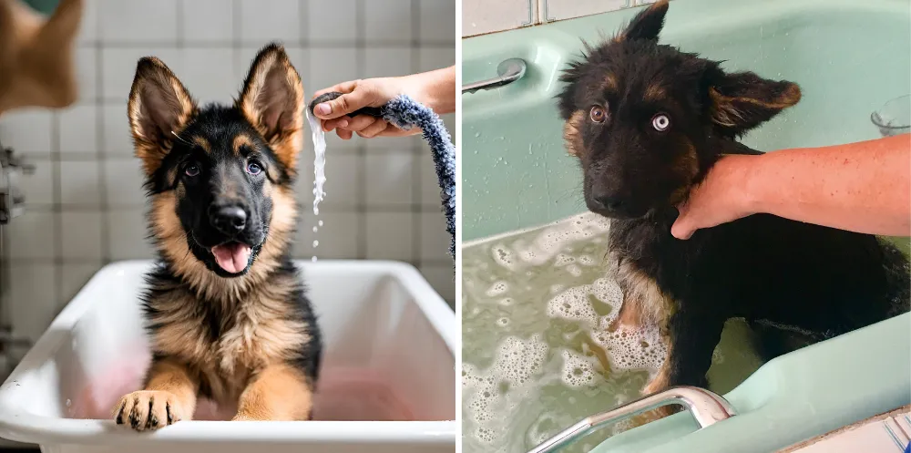 Gently introduce your German Shepherd puppy to the water, wetting its coat thoroughly. Apply a small amount of puppy-formulated shampoo to its coat.