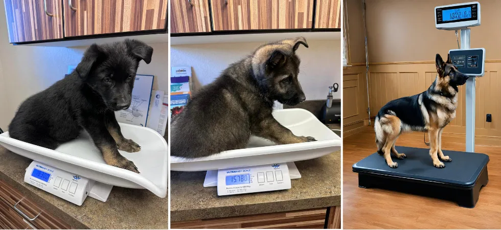 To measure the weight of a German Shepherd puppy or adult dog place it on the Dog Weight Scale and record the readings. 
