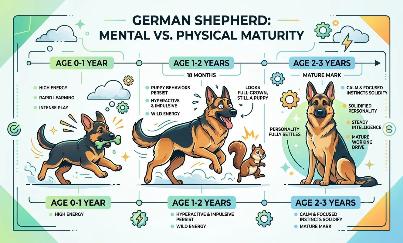 Physical size is only half the equation. German Shepherds are highly intelligent, working-class dogs, and their brains need time to mature, too Physical size is only half the equation. German Shepherds are highly intelligent, working-class dogs, and their brains need time to mature, too