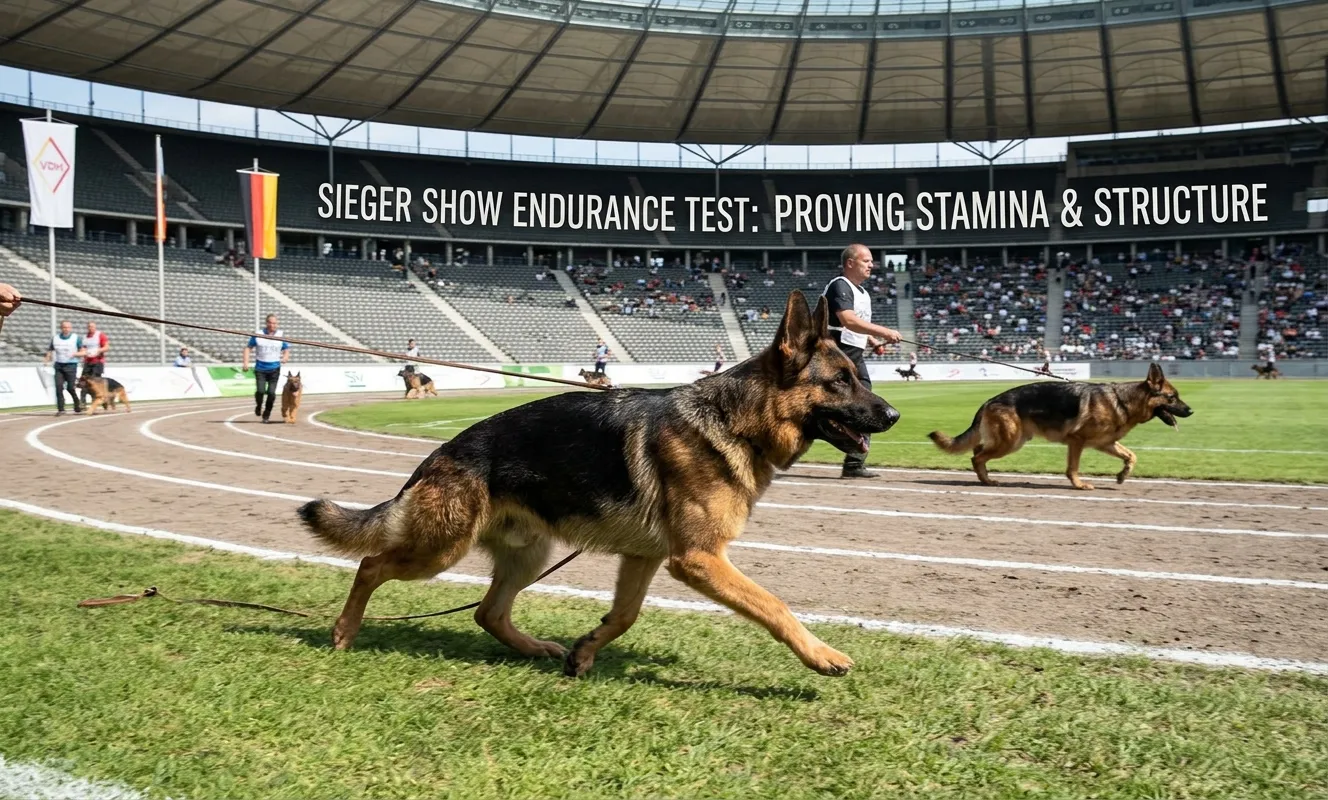 the Sieger Show requires dogs to gait around a massive stadium for long periods, often off-leash. the Sieger Show requires dogs to gait around a massive stadium for long periods, often off-leash.